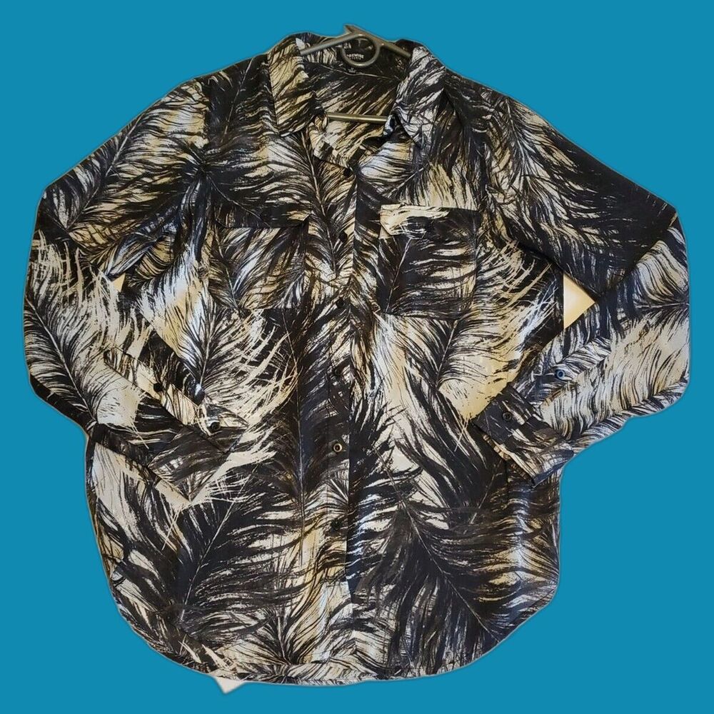 Womens Top Size 12 Artsy Feather Print Button Close Lightweight Semi Sheer